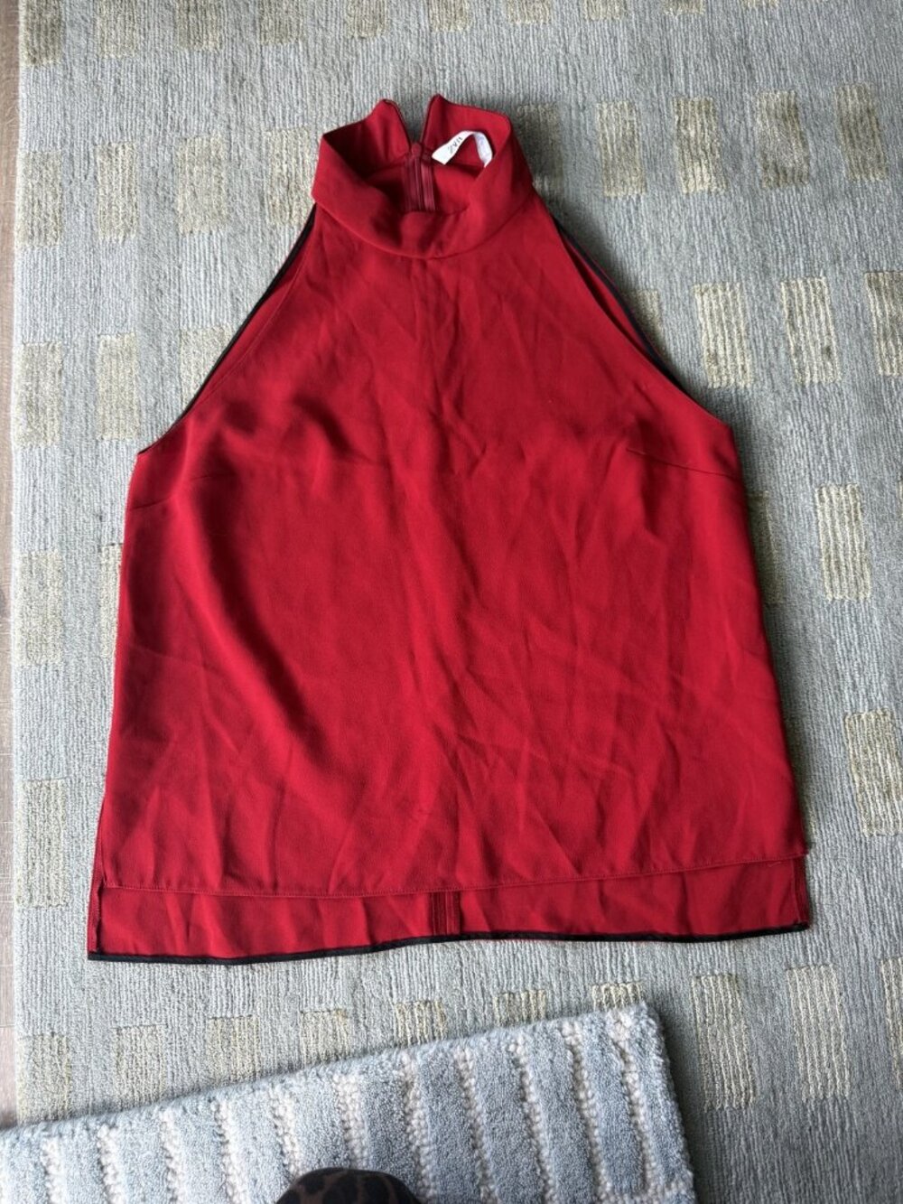 Zara Made in Portugal Red High-Neck Halter Blouse Black Trim size S